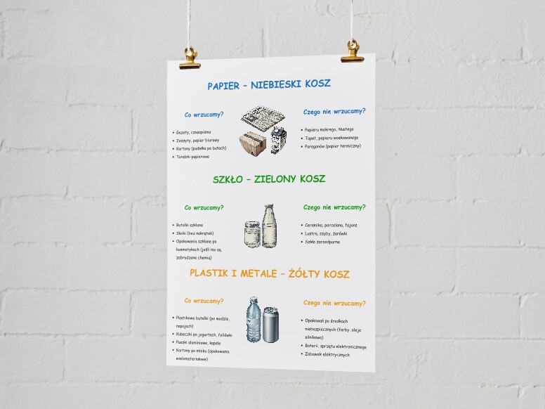 Zasady segregacji odpadów. Recykling. Kolorowe kosze