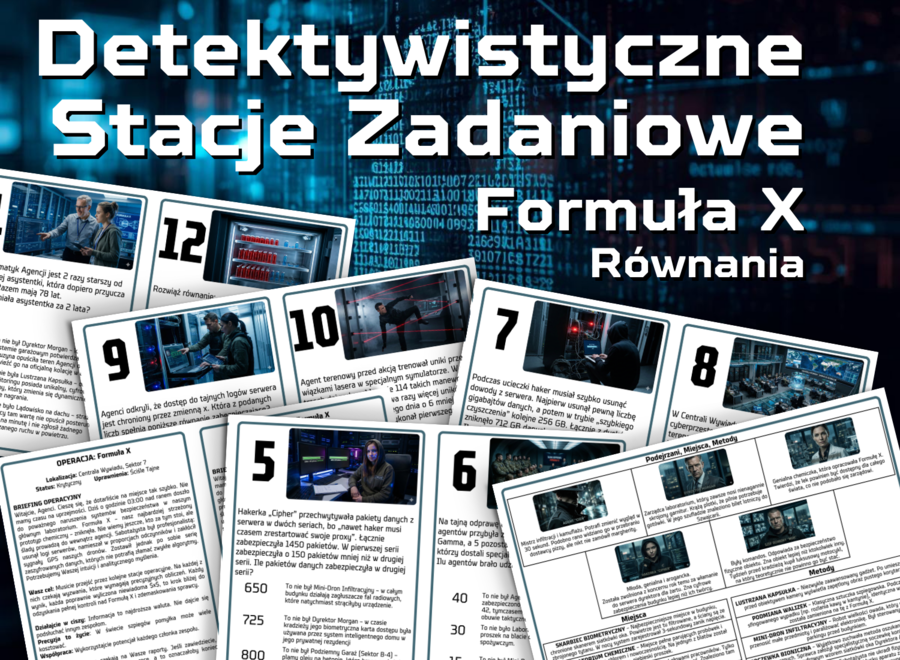 DETEKTYWISTYCZNE STACJE ZADANIOWE - Operacja "Formuła X" - Równania - klasa 7,8
