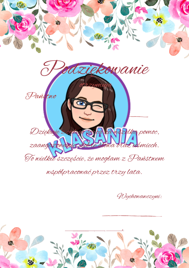 Dyplomy ukończenia oddziału przedszkolnego, klas 1-3 oraz podziękowania.