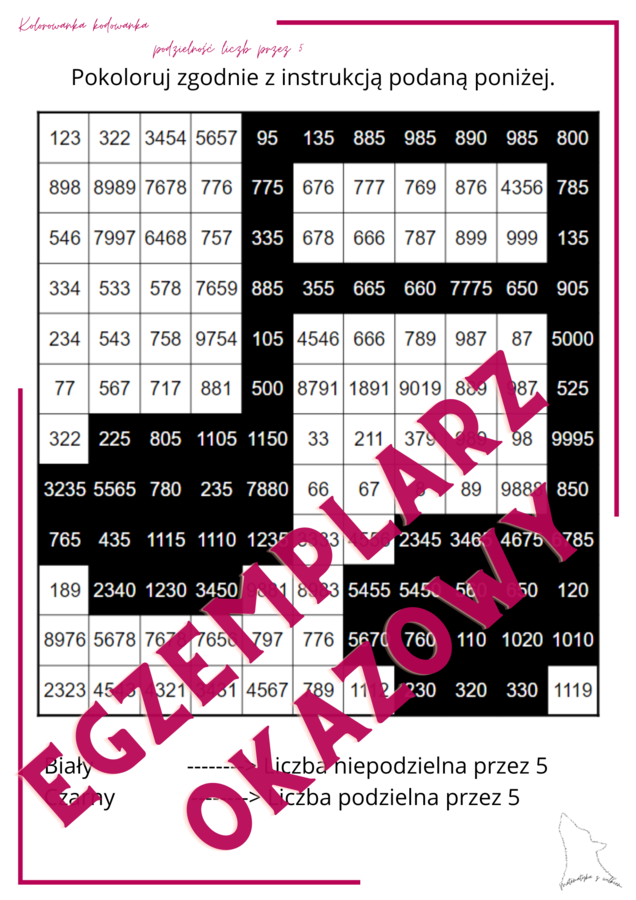 Kolorowanka - kodowanka - podzielność liczb przez 5