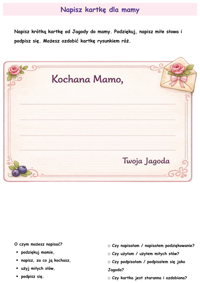 Róża je jagody – 16 kart pracy PDF do druku | czytanie, pisanie, liczenie