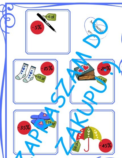 Karta pracy na Walentynki i nie tylko. Procenty - obliczanie cen towarów po obniżce.