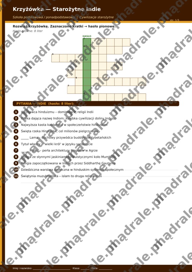 KRZYŻÓWKA "INDIE I CHINY" KARTA PRACY + KLUCZ ODPOWIEDZI