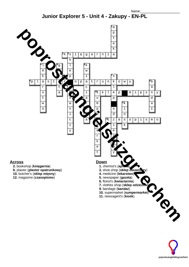 Junior Explorer 5 – Unit 4 – krzyżówki