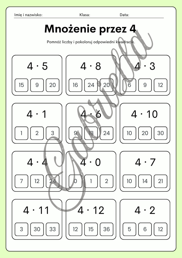 Tabliczka mnożenia - karty pracy, mnożenie przez 2,3,4 oraz 5.
