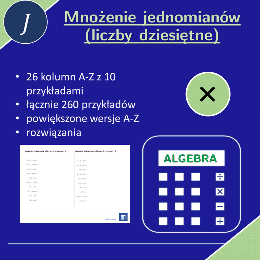 Mnożenie jednomianów (liczby dziesiętne) | matematyka, algebra | 26 kolumn