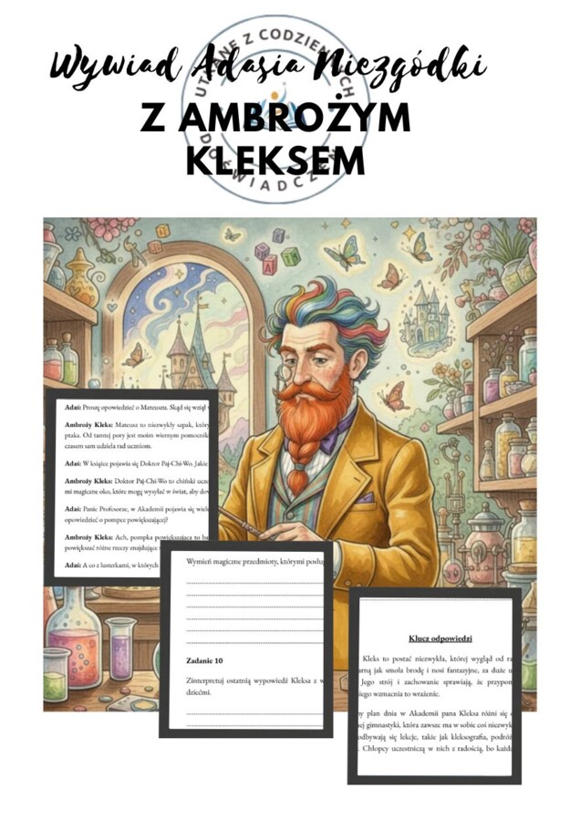 Wywiad Adasia Niezgódki z Ambrożym Kleksem- karta pracy z 15 zadaniami otwartymi i grafiką