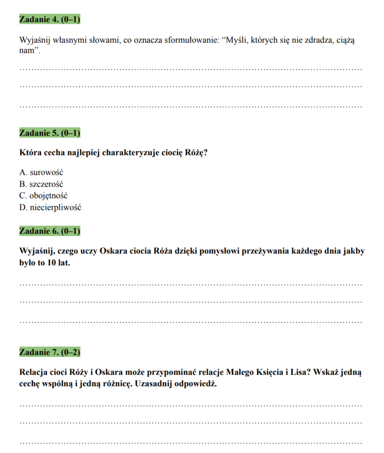 Arkusz egzaminacyjny – z frag. „Oskara i pani Róży” (klasa 8)