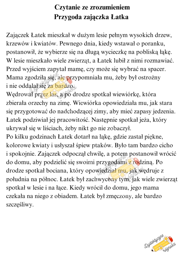Czytanie ze zrozumieniem - 4 teksty dłuższe + pytania. Przygody zajączka Łatka, Ola i tajemniczy las, Maja i jej piesek, Zamek na wzgórzu.
