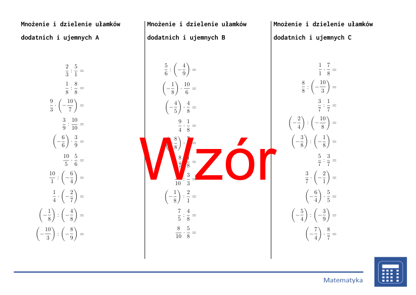 Mnożenie i dzielenie ułamków dodatnich i ujemnych | matematyka | 26 kolumn