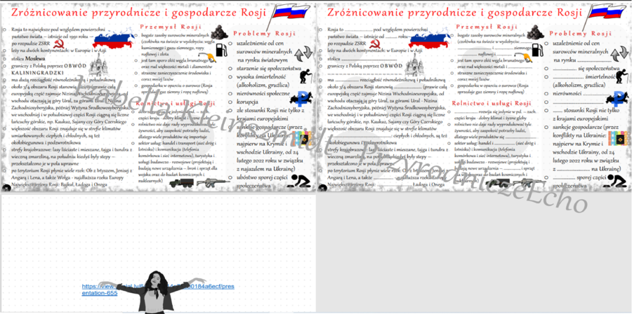 Mini zestaw do tematu „Zróżnicowanie przyrodnicze i gospodarcze Rosji ” – sketchnotka i karta pracy w pdf + gratisowy link do prezentacji multimedialnej niekomercyjnej wykonanej w genial.ly do indywidualnego pobrania i użycia do celów niekomercyjnych. Ge