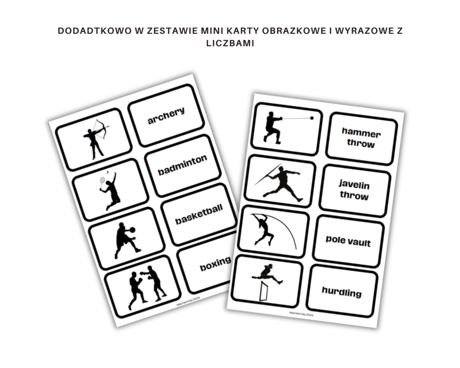 Summer Olympics Vocabulary Worksheet Set, names of sports and equipment - Igrzyska Olimpijskie, Słownictwo, Karty pracy, nazwy sportów i wyposażenia, dodatkowo mini karty obrazkowe i wyrazowe do gry w memory, angielski dla sportowców