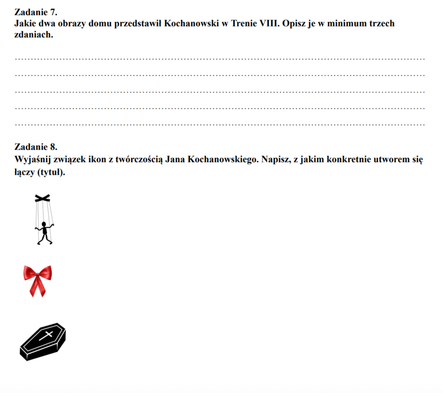 Sprawdzian z liryki i twórczości Kochanowskiego (kl. 7-8) 4 wersje (również dostosowana dla uczniów ze SPE)