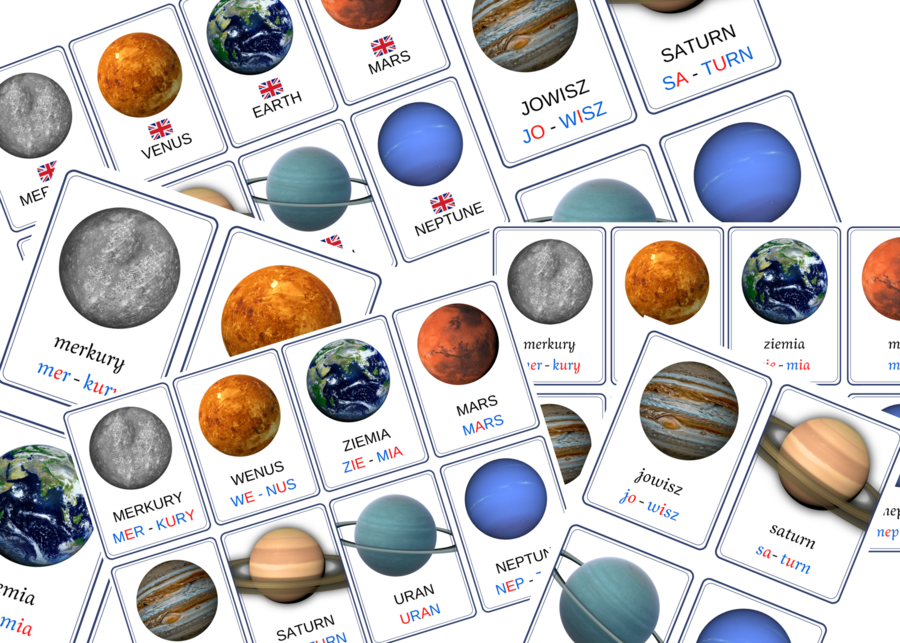Edukacyjny Układ słoneczny - plansze na rzepy, piktogramy planet, karty edukacyjne z nazwami polskimi i angielskimi