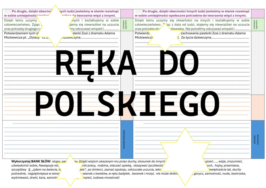 Karta pracy usprawniająca redagowanie rozprawki: "Człowiek jest stworzony do życia wśród innych ludzi". Elementy retoryczne. "Opowieść wigilijna". "Dziady" cz. II.