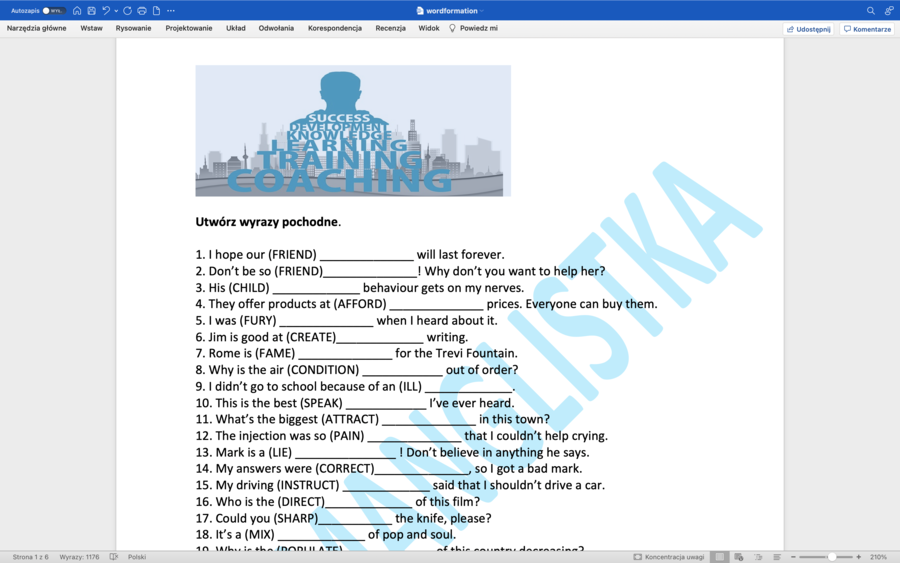 Słowotwórstwo - angielski matura rozszerzona - 100 zdań+ KLUCZ