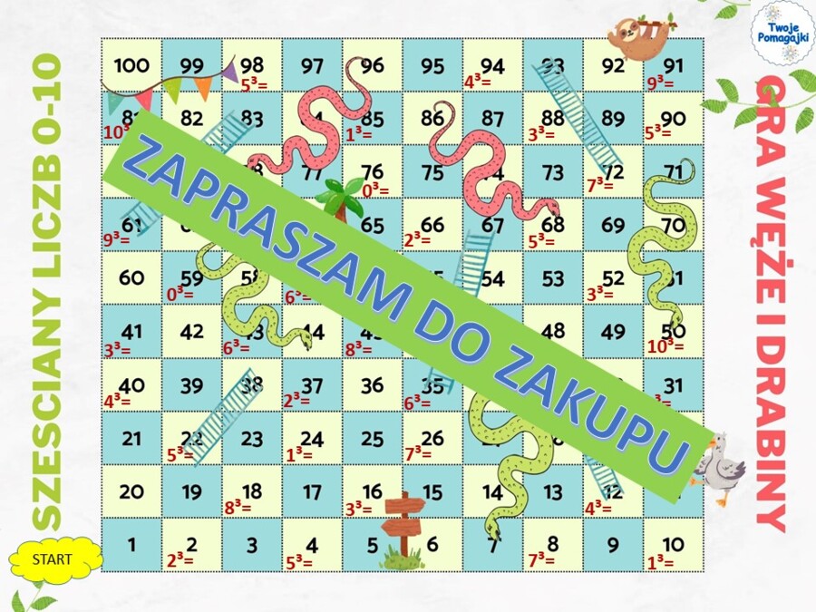 Sześciany liczb 0-10 gra węże i drabiny i plakat