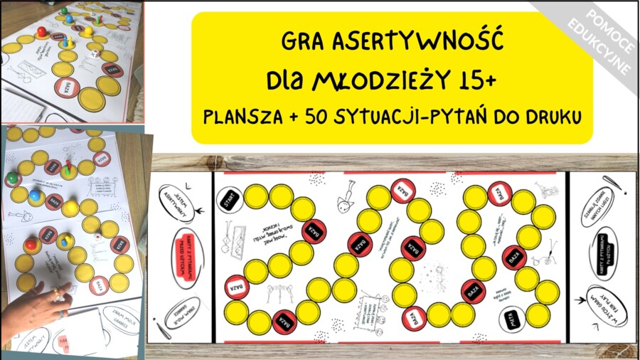 Gra planszowa „Asertywność dla młodzieży 15+. Plansza + 50 pytań” – pomoc edukacyjna do druku