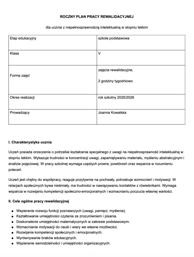 Roczny plan pracy rewalidacyjnej dla ucznia z niepełnosprawnością intelektualną w stopniu lekkim V klasa SP
