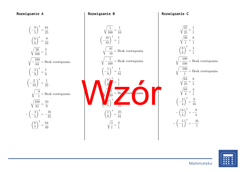 Kwadrat i pierwiastek kwadratowy ułamków dodatnich i ujemnych | matematyka | 26 kolumn