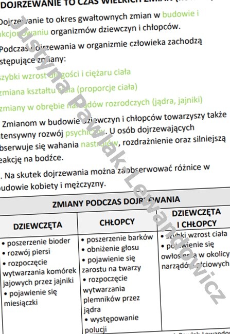 Dojrzewanie to czas wielkich zmian (uzupełniona karta pracy)