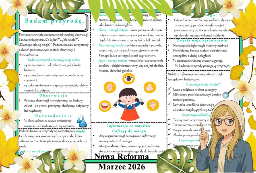 Sketchnotka/notatka - dla ucznia i przypomnienie dla nauczyciela w pdf. Temat "Badam przyrodę". Przyroda 4. "Odkrywam przyrodę" zgodna z wydawnictwem Nowa Era. Dział "Spotkanie z przyrodą".
