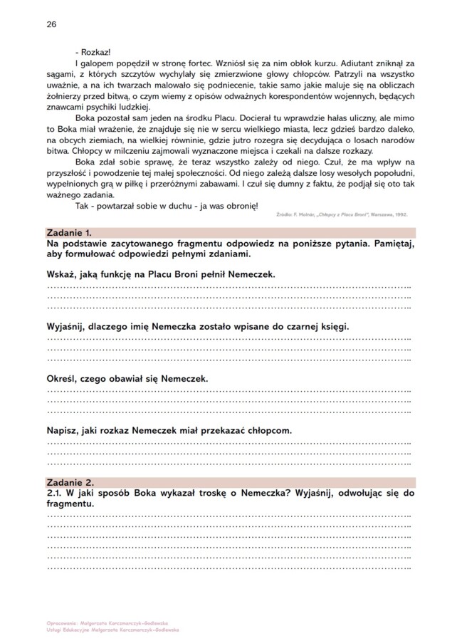 Karta pracy "Chłopcy z Placu Broni" - krytyczne czytanie