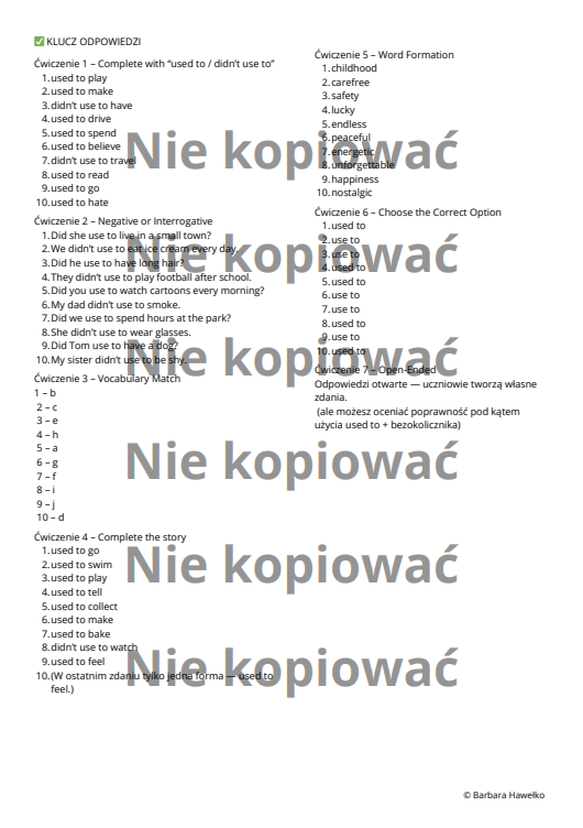 Karta pracy + czytanka "Used to - Nostalgic Past" B1