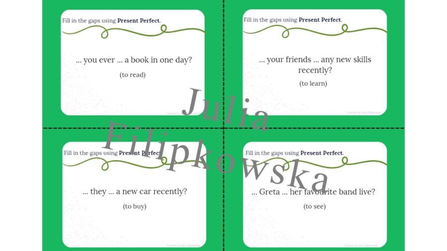 Present Perfect/ Karty do mówienia/ Mówienie/ Speaking/ Zestaw/ Pakiet/ Klasy 4-8/ Klasy 4-6/ Klasy 6-8/ SP/ Warm-up/ Rozgrzewka/ Gramatyka/ Grammar/ Speaking cards grammar/ Grammar cards/ E8