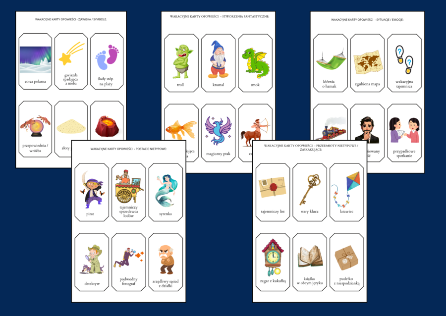 WAKACYJNE KARTY OPOWIEŚCI – ćwiczenia redakcyjne – 66 szt. – wakacje – lato – opowiadanie