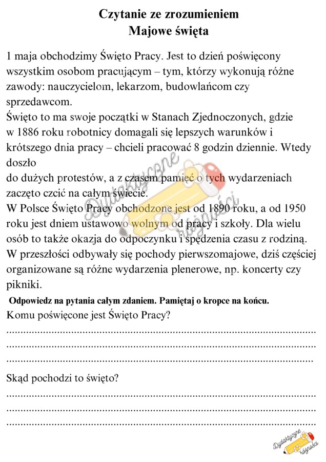 Majowe święta - Święto Pracy, Dzień Flagi, Konstytucja 3 Maja - 3 teksty doskonalące czytanie ze zrozumieniem KLASA 4-6