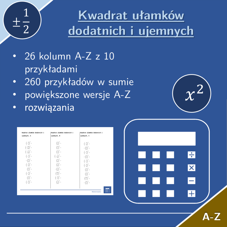 Kwadrat ułamków dodatnich i ujemnych | matematyka | 26 kolumn