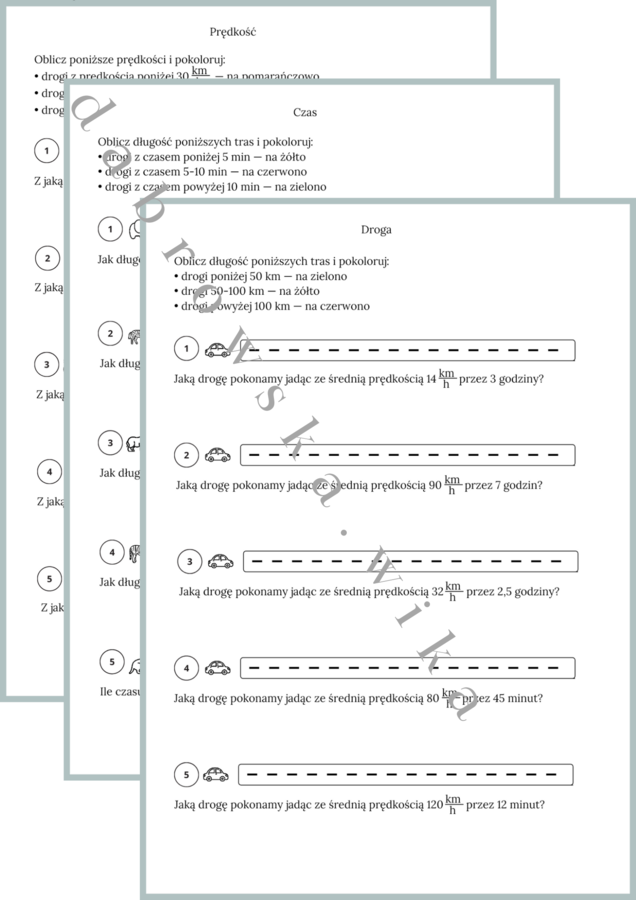 Droga, prędkość, czas - zadania z kolorowaniem