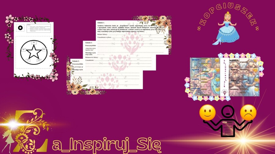 Baśnie: "Kopciuszek", "Bajka o rybaku i rybce", "Królowa pszczół", cechy baśni - karty pracy, scenariusz lekcji, zadania