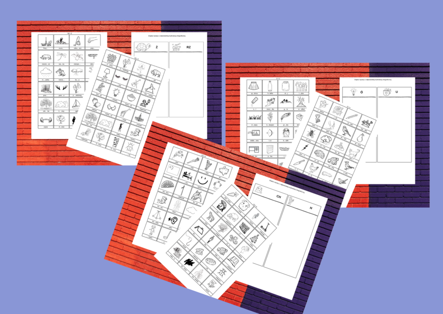 WYRAZY Z „Ó” i „U”, "RZ" i "Ż", "CH" i "H" – ortografia – wklejka – karta pracy - ZESTAW