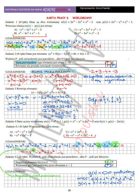 Karta pracy - WIELOMIANY - poziom podstawowy