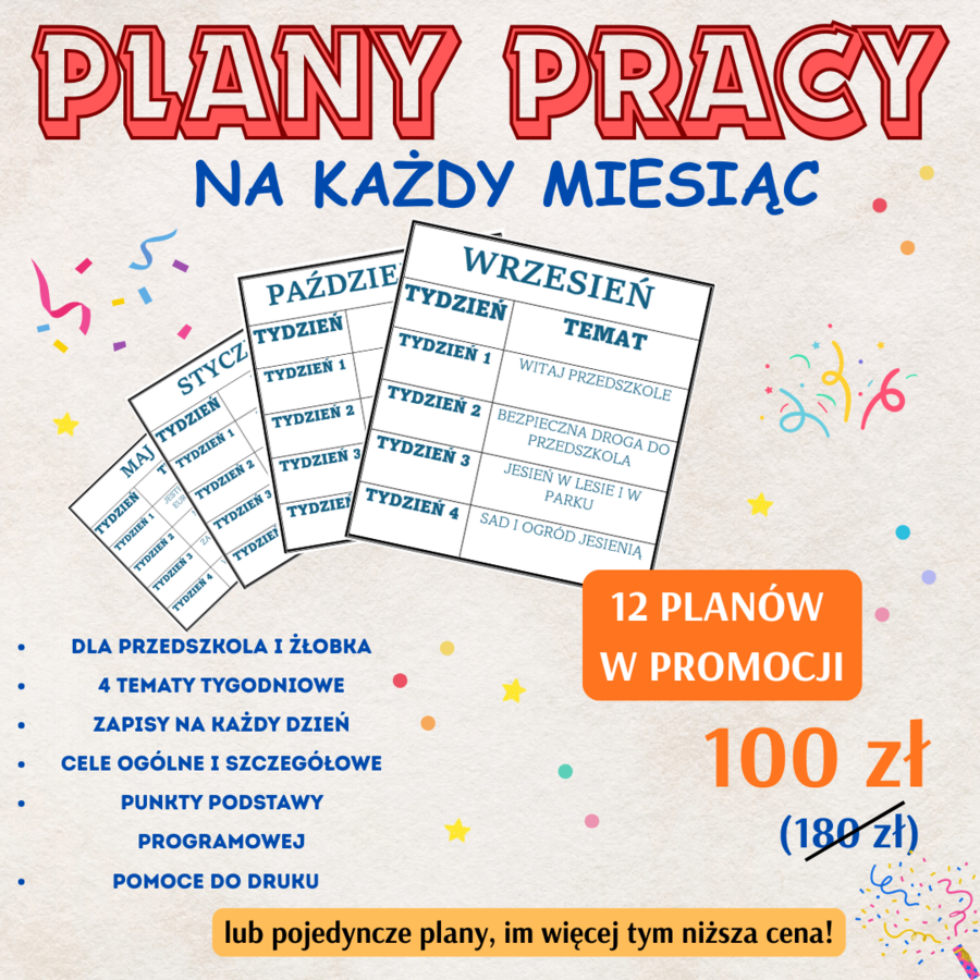 PLANY PRACY NA CALY ROK - KAŻDY MIESIĄC (12 miesięcy planów do edycji, wraz z wpisami do dziennika, celami i materiałami do druku)