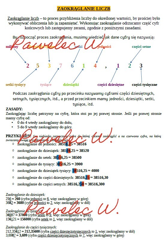 ZAOKRĄGLANIE LICZB - plakat z przykładami i wyjaśnieniem