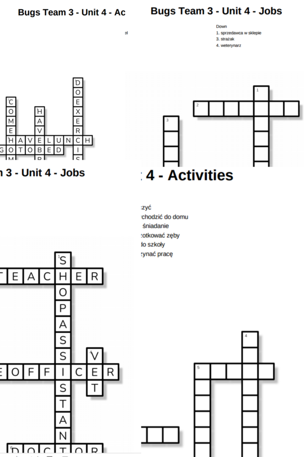 Bugs Team 3 - Unit 4 - krzyżówki - Activities/Jobs