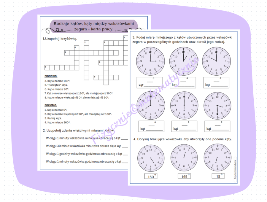 Rodzaje kątów, kąty między wskazówkami zegara - karta pracy/kartkówka.