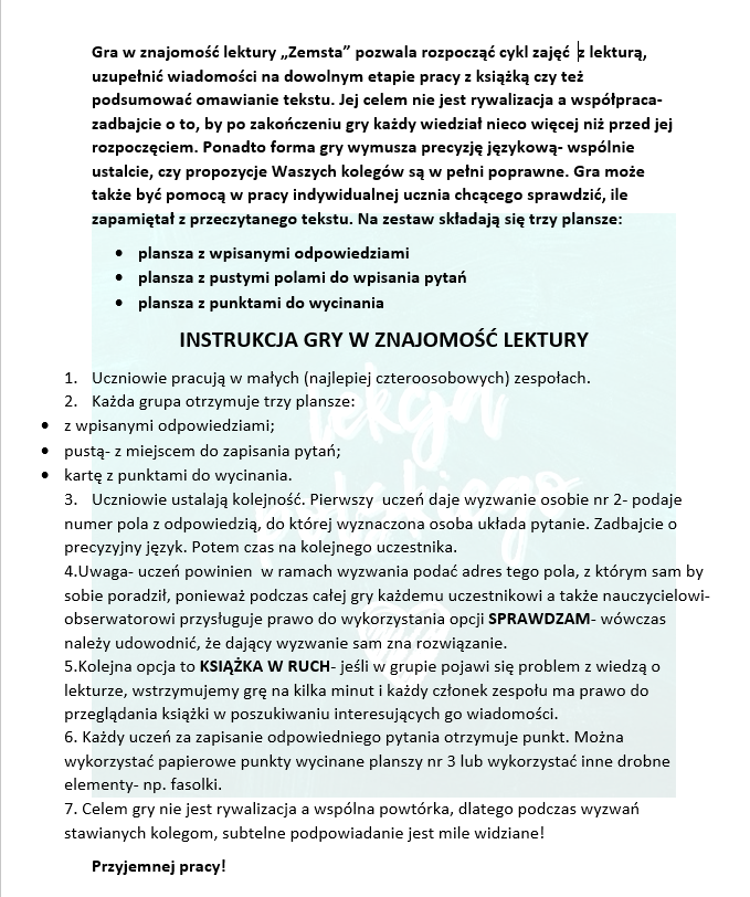 "ZEMSTA"- GRAMY W ZNAJOMOŚĆ LEKTURY