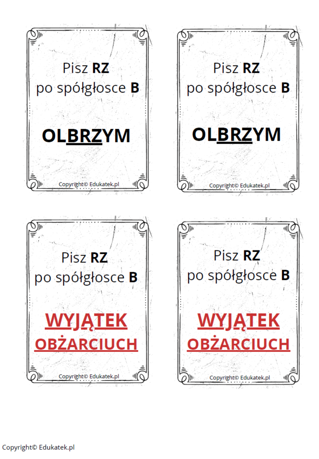 Memory ortograficzne – zasady pisowni z ż-rz (wersja czarno-biała)