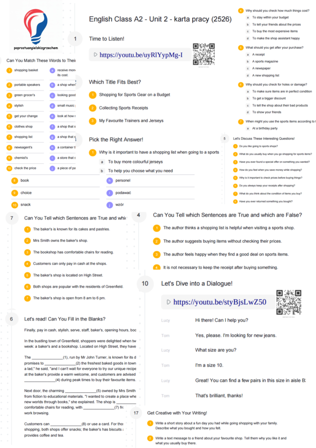English Class A2 – Unit 2 – karta pracy