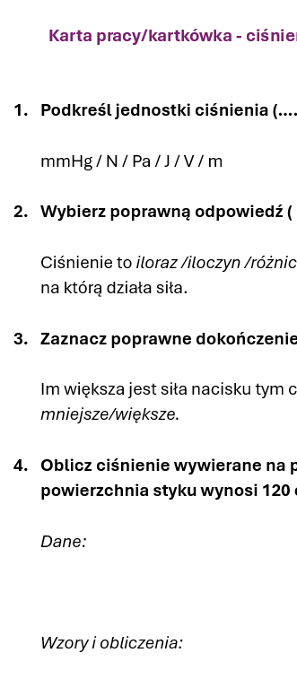Kartkówka/karta pracy CIŚNIENIE
