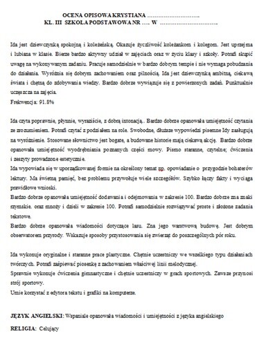 Ocena opisowa klasa 3