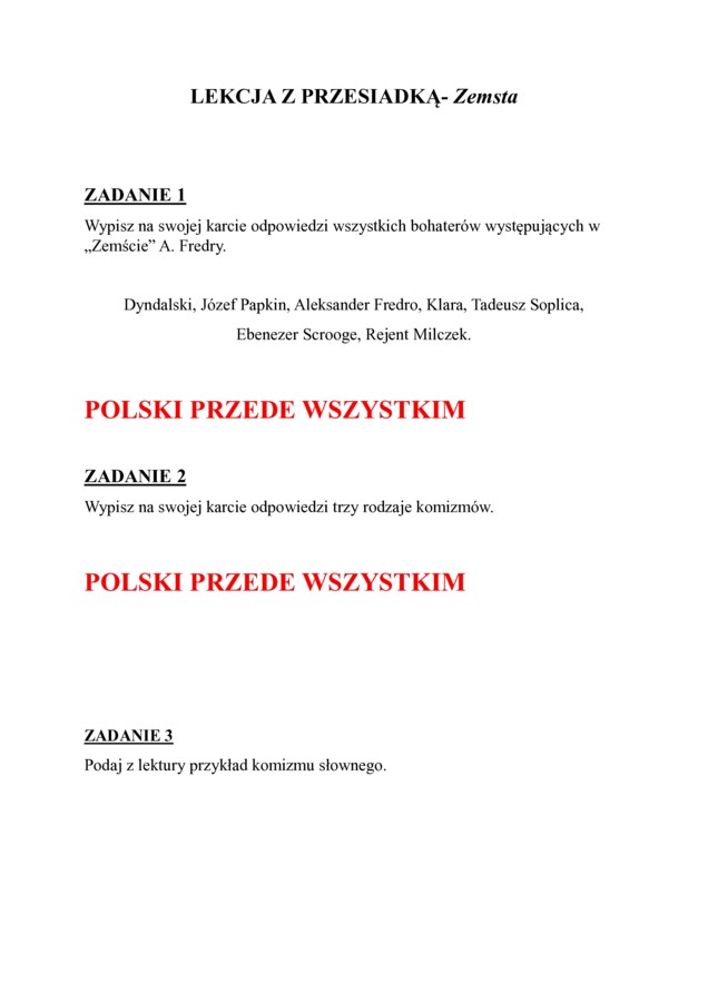 Zemsta - Lekcja z przesiadką- pytania egzaminacyjne