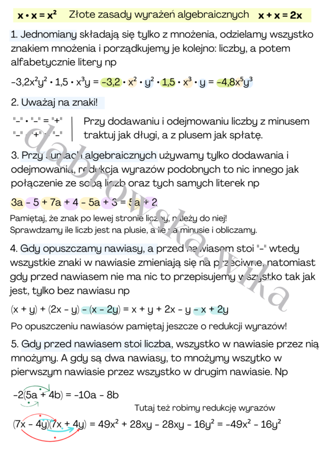 Wyrażenia algebraiczne - najważniejsze zasady