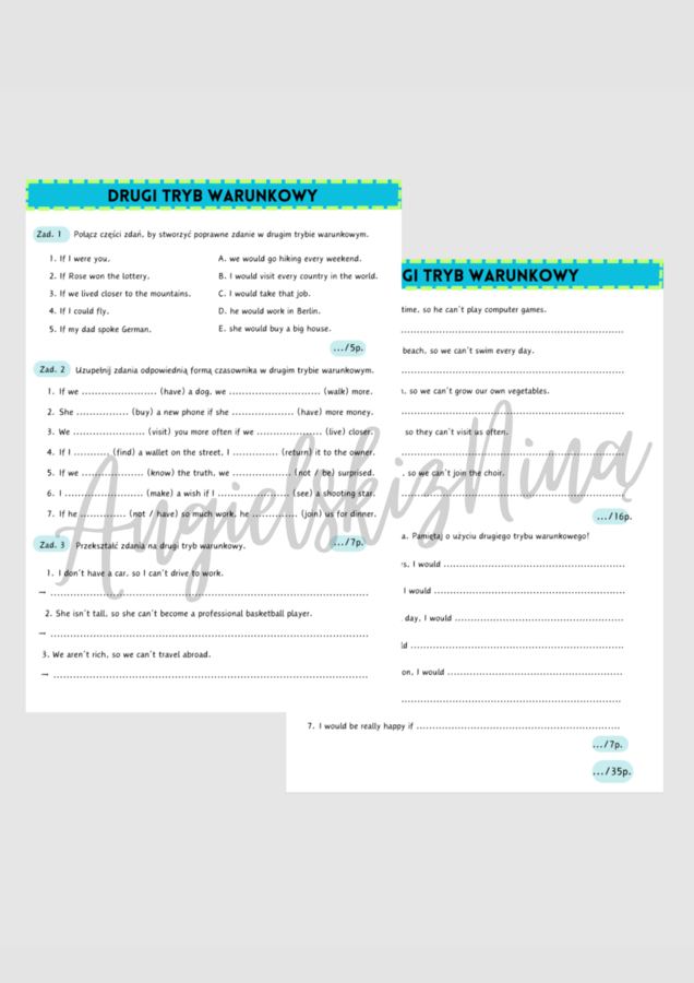 Drugi tryb warunkowy - Second Conditional - karta pracy - ćwiczenia - zadania - kartkówka - powtórka - matura