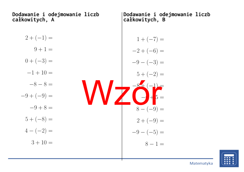 Dodawanie i odejmowanie liczb całkowitych | matematyka | 26 kolumn