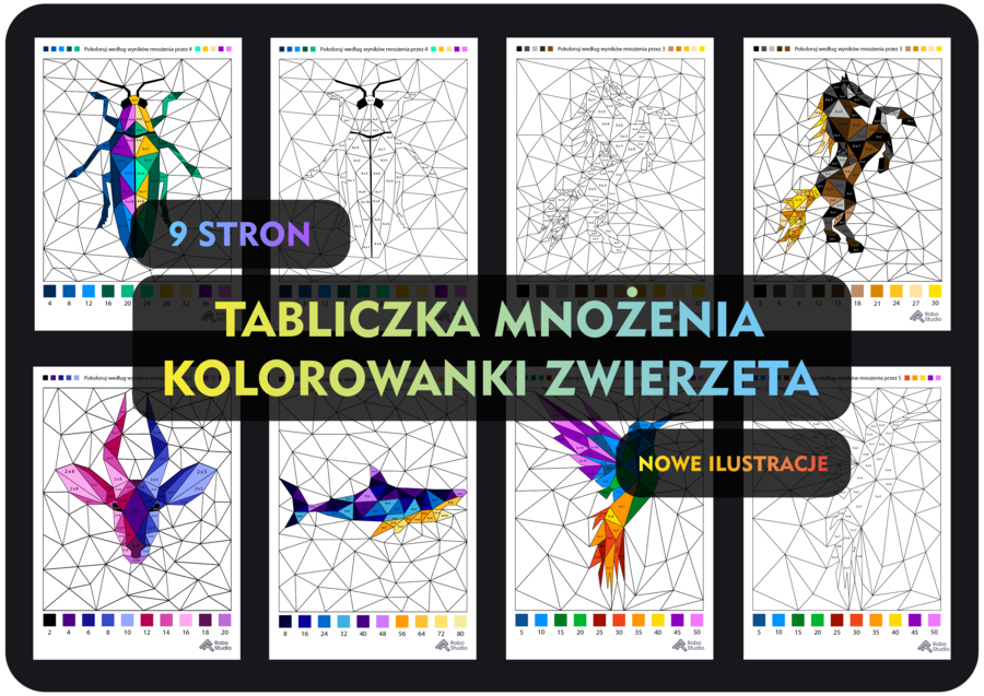 Kolorowanka według wyników mnożenia - VOL 2- (9 stron) zestaw podstawowy na dzień tabliczki mnożenia, mnożenie 1-10, wielokrotności